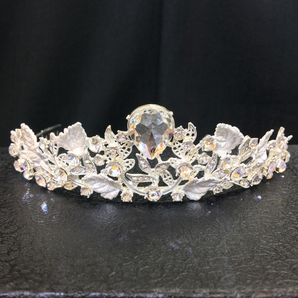 Silver Metal Leaf Tiara Crown Bridal Hairpiece